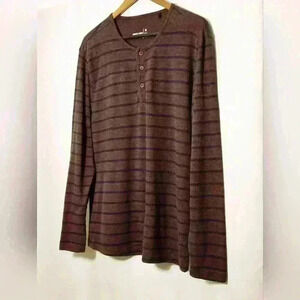 🛑 Jared Lang Mens Henley Brown/Blue Striped Long Sleeve Cotton Blend T-shirt M